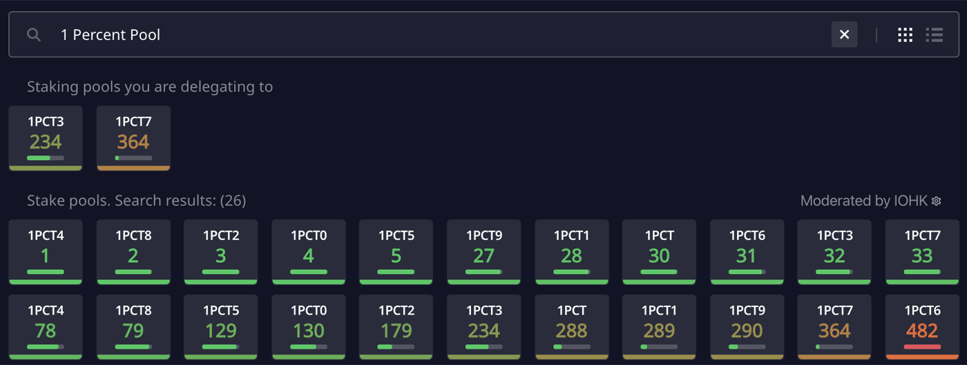 Daedalus Stake Pools tab showing search results for 1 Percent Pool